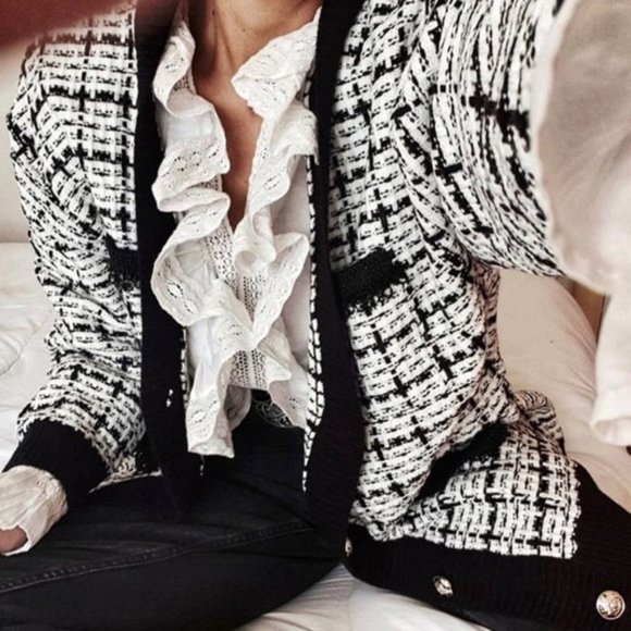 Zara Knit Graph Check Tweed Cardigan - Picture 7 of 8